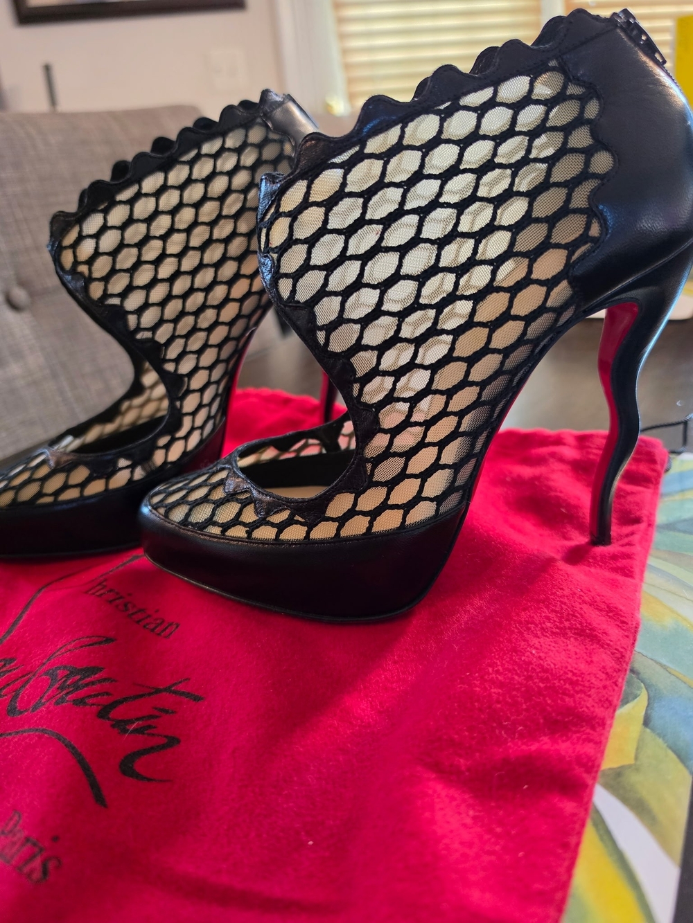 Christian Louboutin Black Mesh Scallop-Edged High Heel Booties